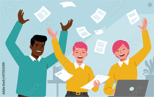 Celebrating success with teamwork and paperwork office environment digital joyful atmosphere