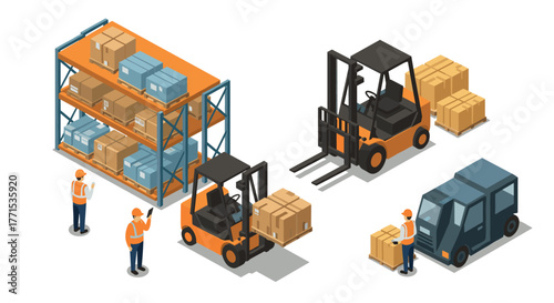 Warehouse operations with forklifts, workers, and delivery van in isometric style