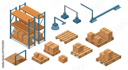 Isometric warehouse elements pallets, boxes, and racking systems for logistics design