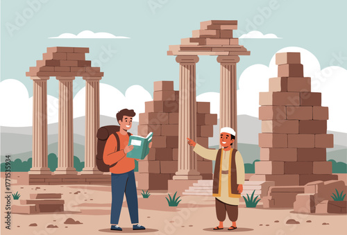 Exploring ancient ruins with a local guide historical site desert landscape eye-level perspective