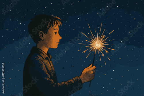 Child holding sparkler under starry sky nighttime celebration digital whimsical atmosphere side view joy and wonder