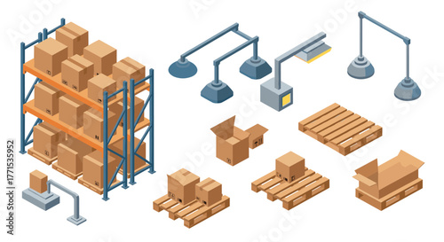 Isometric warehouse elements with cardboard boxes, pallets, and industrial lamps