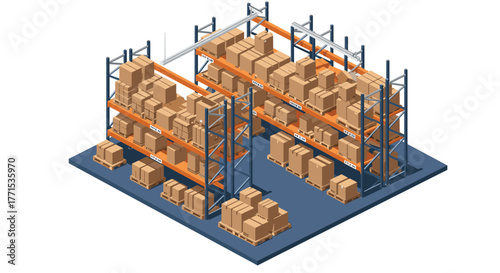 Modern isometric warehouse with stacked cardboard boxes on shelves