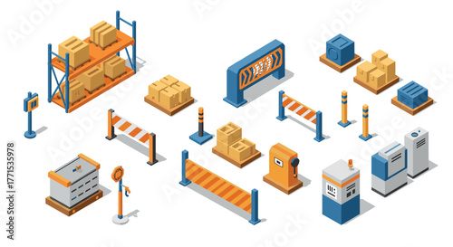 Isometric warehouse elements with boxes, barriers, and equipment