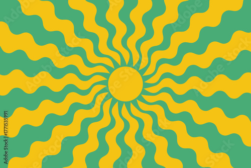 Yellow and green groovy starburst background. Psychedelic wavy retro sun ray. Radial design for vintage posters and prints.