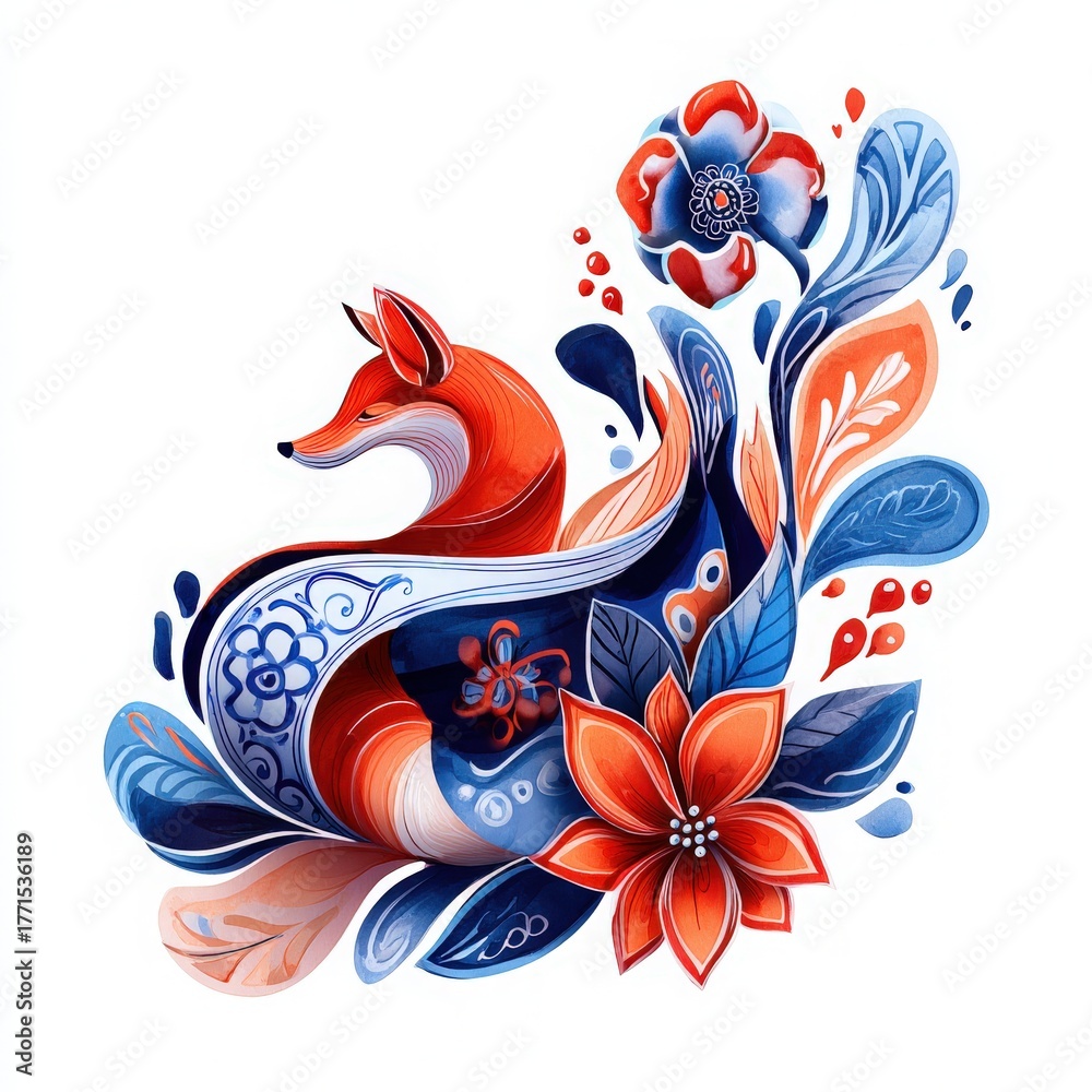 Fototapeta premium Nordic Folk Fox Ornament — Modern Red-Blue Holiday Flourish, Decorative Vector Style, Isolated