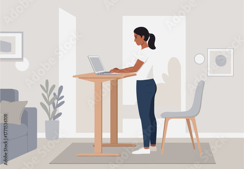 Standing desk workstation setup home office digital modern environment side view healthy lifestyle concept