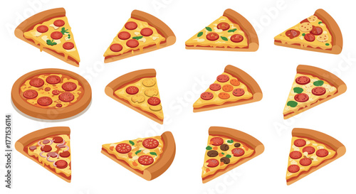 Variety of delicious pizza slices with toppings in flat design