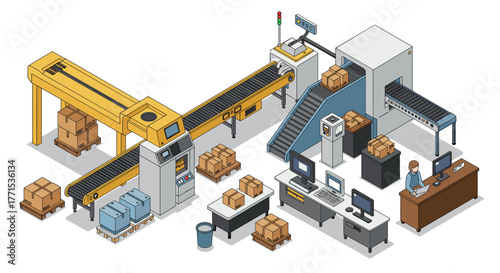 Warehouse automation process with conveyor belts and packaging stations in isometric style