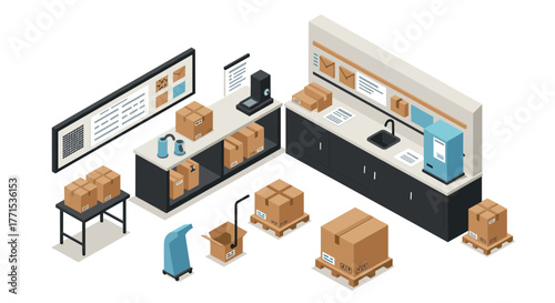 Isometric warehouse packing station with boxes and equipment in modern workspace