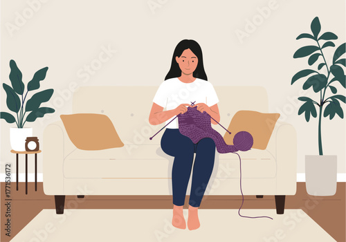 Knitting session cozy living room digital indoor front view crafting relaxation