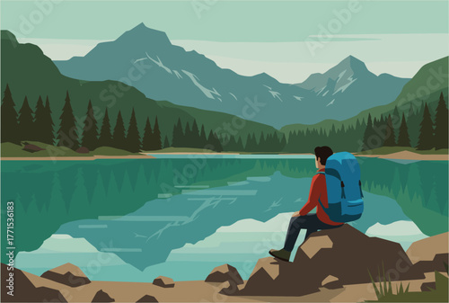 Hiking adventure at serene lake nature peaceful environment relaxing viewpoint