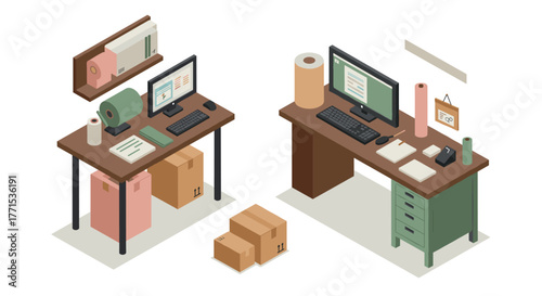 Isometric office workspace with desks and cardboard boxes in modern design