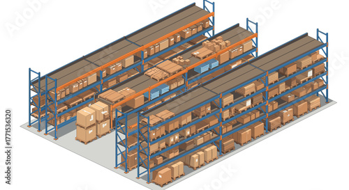 Isometric warehouse shelves with boxes and packages in logistics facility