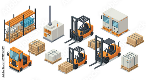 Isometric warehouse equipment set with forklifts, crates, and shelving units