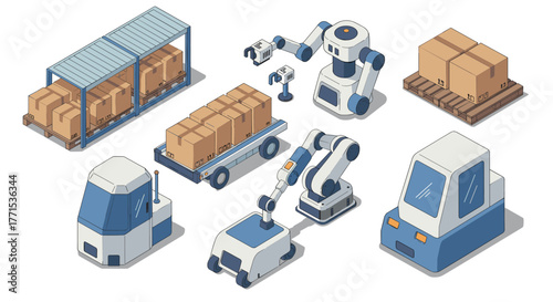 Isometric warehouse automation robots, drones, and packages in modern logistics