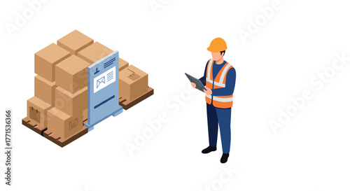 Warehouse worker using digital tablet for inventory management next to stacked cardboard boxes