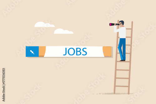 Man on ladder looking through telescope at jobs search bar with clouds in the background