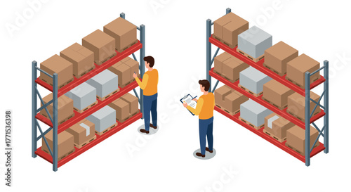 Warehouse workers managing inventory on red shelves in isometric style