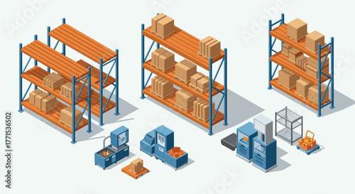Isometric warehouse setup with shelves, boxes, and machinery
