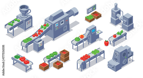 Isometric food processing plant with conveyor belts and machinery