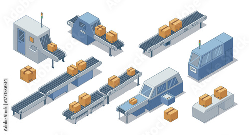 Automated packaging process with conveyor belts and boxes in isometric style