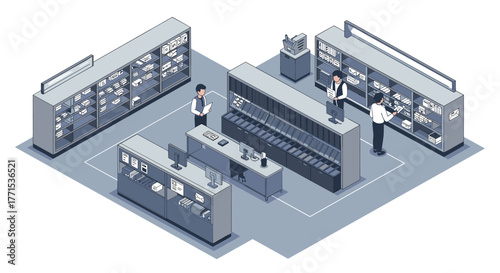 Modern isometric library interior with people using computers and browsing books