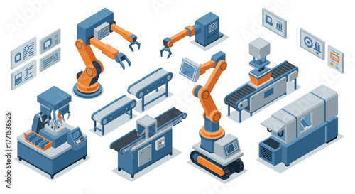 Isometric robotic automation in modern manufacturing facility with conveyor system