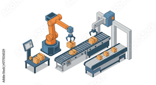 Automated industrial conveyor system with robotic arms in isometric design