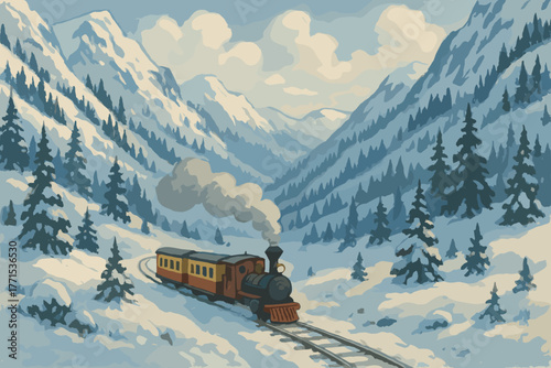 Charming vintage train journey through snowy mountain landscape winter wonderland scenic view serene environment