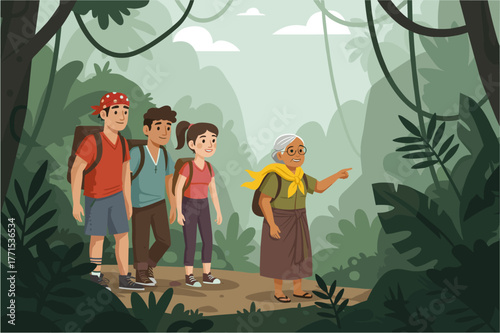 Exploring the jungle with a local guide forest trail adventure animated scene lush environment engaging perspective