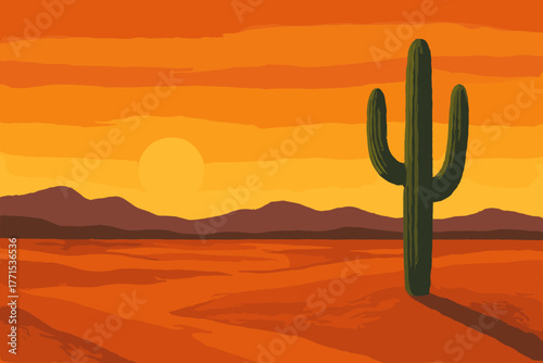 Sunset over desert landscape with cactus in Arizona nature warm colors peaceful atmosphere