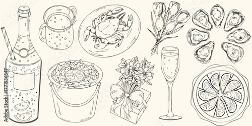 A delightful collection of hand drawn illustrations featuring champagne oysters crab flowers and citrus for a festive occasion