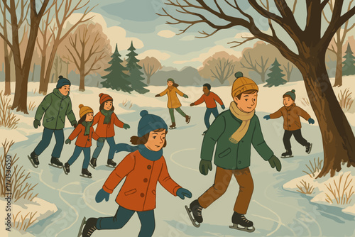 Winter ice skating fun with friends outdoor rink illustrative snowy landscape playful atmosphere