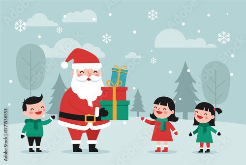 Santa delivers gifts to children in winter wonderland holiday cheer festive environment joyful scene