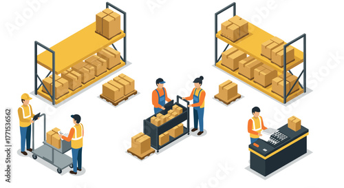 Isometric warehouse operations with workers and shelving in logistics environment