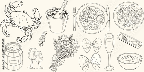 Elegant hand drawn illustration of a celebratory seafood feast with champagne flowers and decorative bows