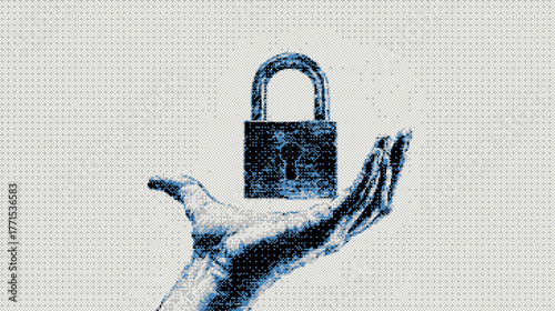 Abstract representation of a human hand holding a padlock symbolizing security and protection