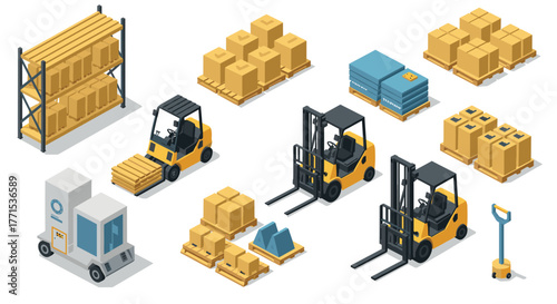 Warehouse equipment and logistics with forklifts and pallets in isometric style