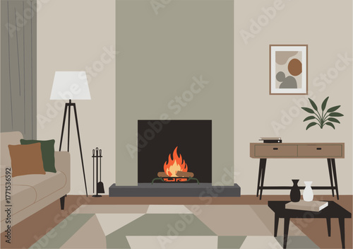 Cozy fireplace gathering modern living room digital minimalist interior eye-level view comfort and relaxation