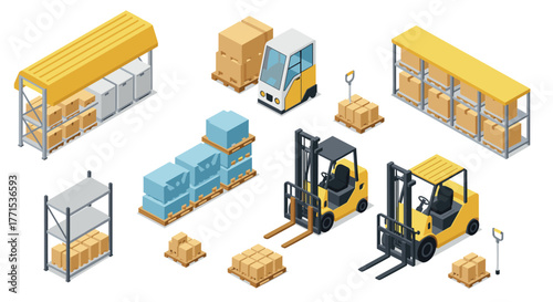 Isometric warehouse elements with forklifts and cargo