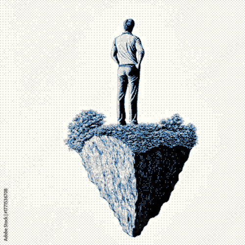 A solitary figure stands on a floating landmass, depicted in a surreal style.