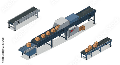 Isometric conveyor belt system with boxes and machinery