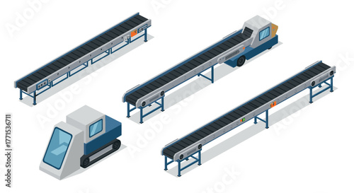 Industrial conveyor machines and transport systems in isometric style
