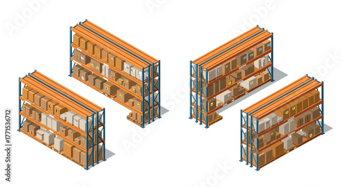 Isometric warehouse shelving with cardboard boxes on racks