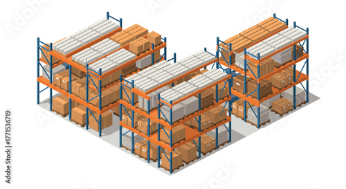 Isometric warehouse racks with boxes and pallets in 3d design