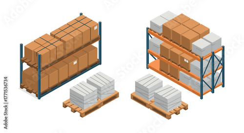 Isometric warehouse shelves with cardboard boxes and pallets