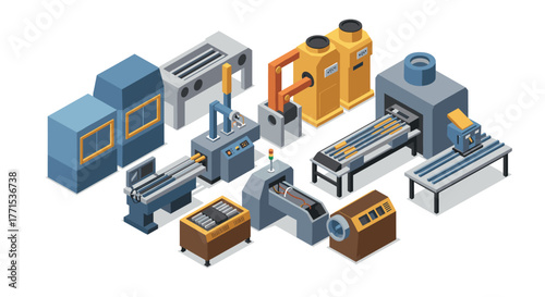 Isometric factory machines set industrial equipment in 3d design