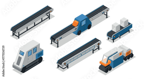 Isometric conveyor belt and factory vehicle set for industrial and manufacturing concepts