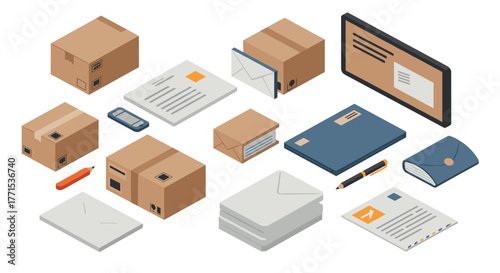 Isometric office supplies and stationery boxes, envelopes, and mailing essentials